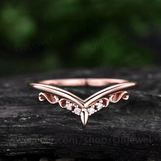 Unique moissanite wedding band 14k rose gold vintage style wedding ring band moon ring antique ring bridal anniversary band stacking ring