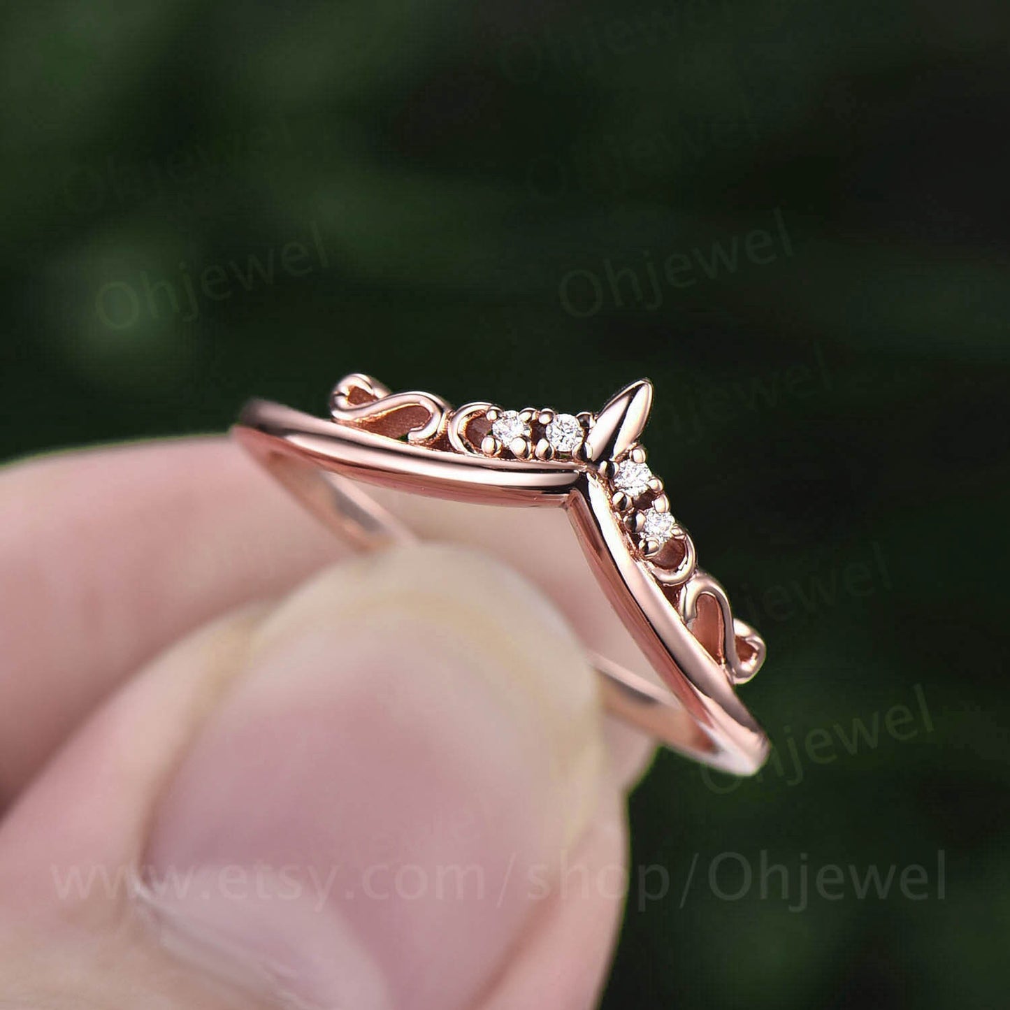 Unique moissanite wedding band 14k rose gold vintage style wedding ring band moon ring antique ring bridal anniversary band stacking ring
