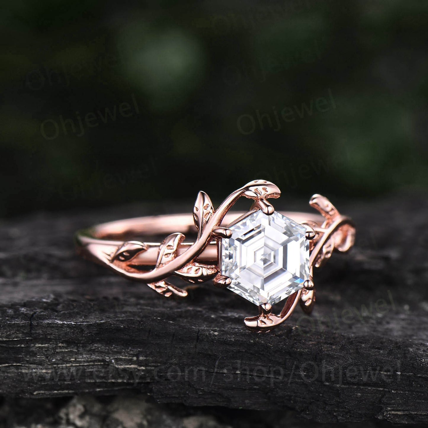 Vintage Hexagon moissanite engagement ring leaf flower unique solitaire 14k rose gold engagement ring bridal wedding ring for women silver