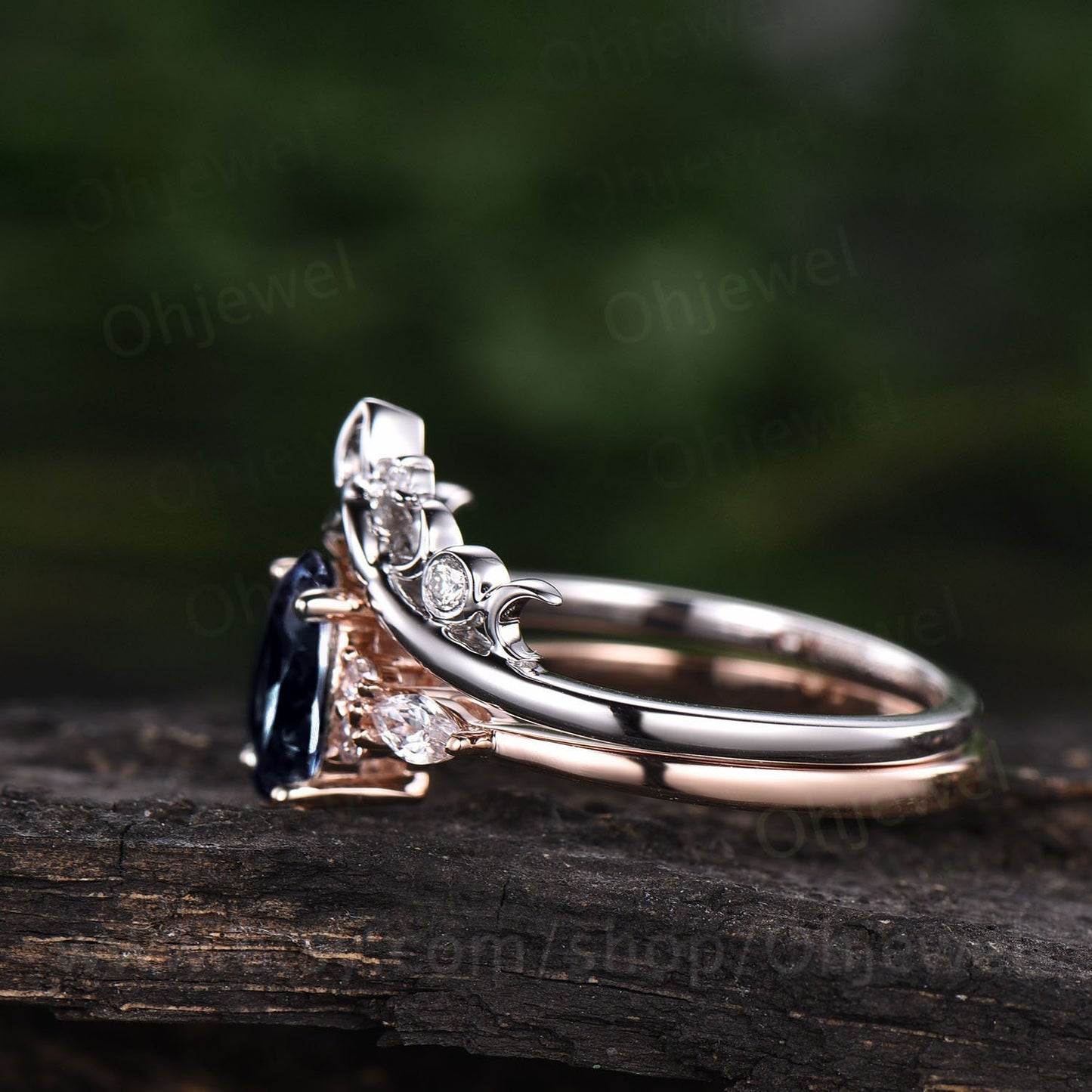 Oval blue sandstone engagement ring set 14k white gold Galaxy vintage unique engagement ring moissanite ring for women Norse Viking Jewelry