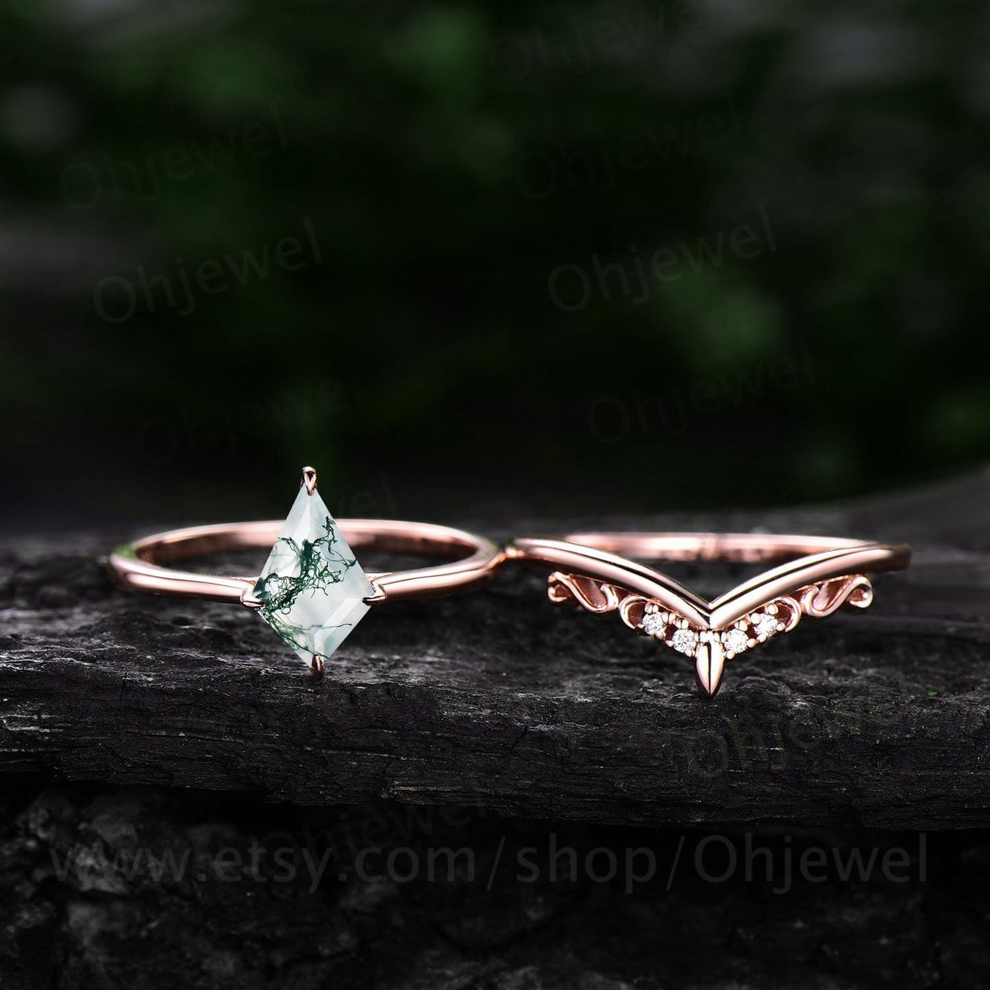Vintage green moss agate engagement ring set 14k rose gold kite shaped moss agate ring silver antique moissanite wedding ring set for women