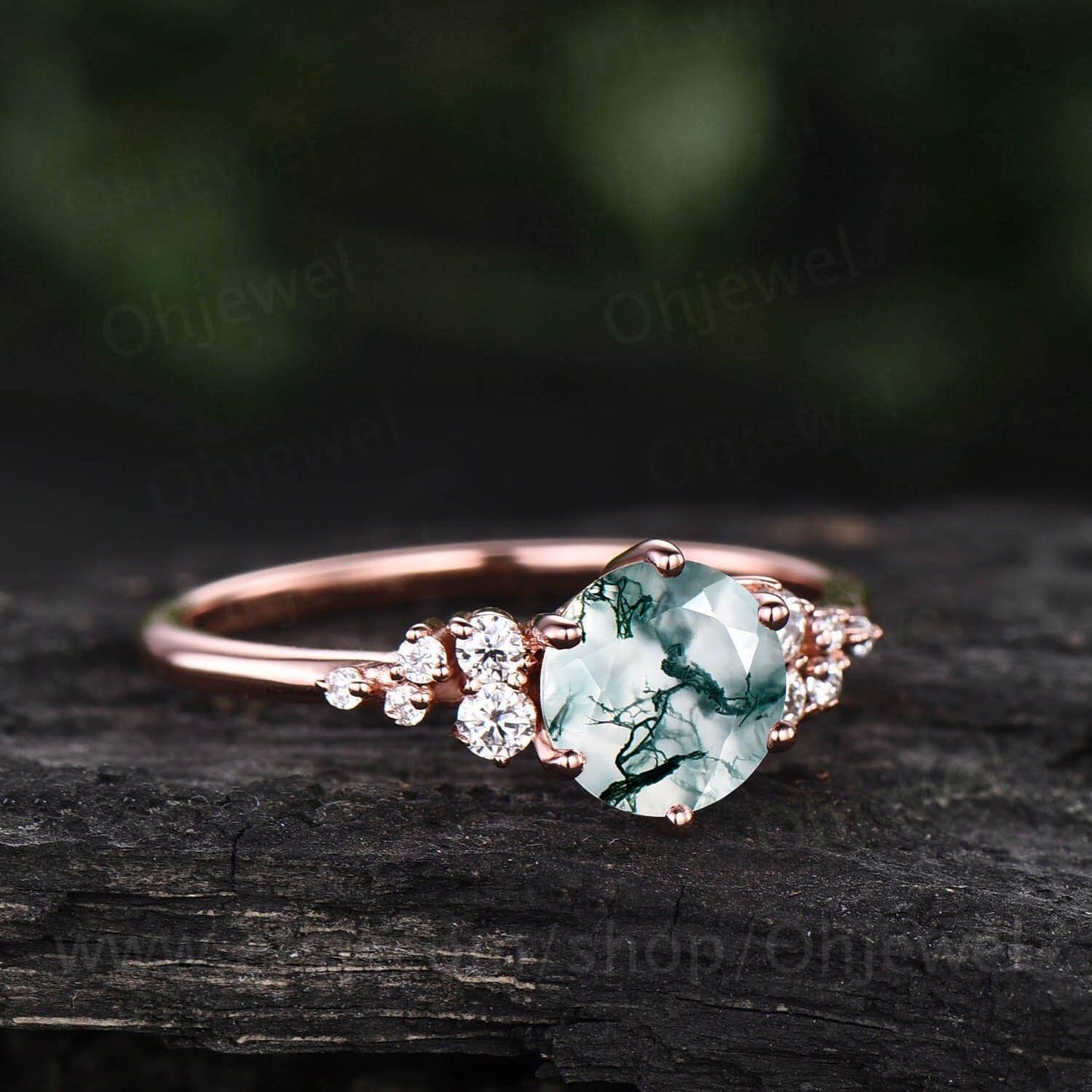 Vintage round cut green moss agate engagement ring 14k rose gold unique cluster snowdrift diamond ring for women promise wedding ring gifts