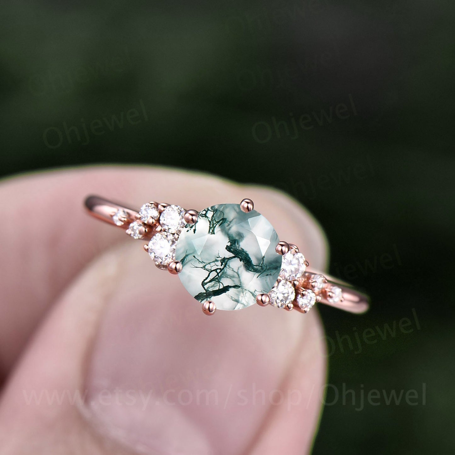 Vintage round cut green moss agate engagement ring 14k rose gold unique cluster snowdrift diamond ring for women promise wedding ring gifts
