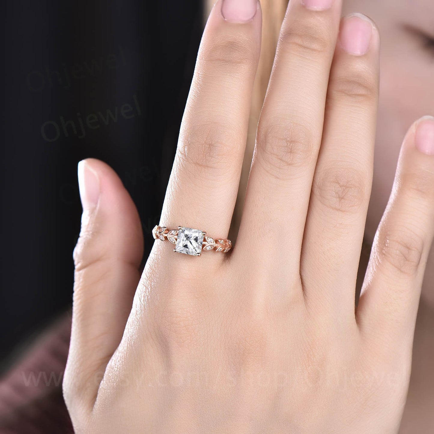 Princess cut moissanite engagement ring leaf art deco unique vintage style rose gold engagement ring handmade dainty wedding ring for women