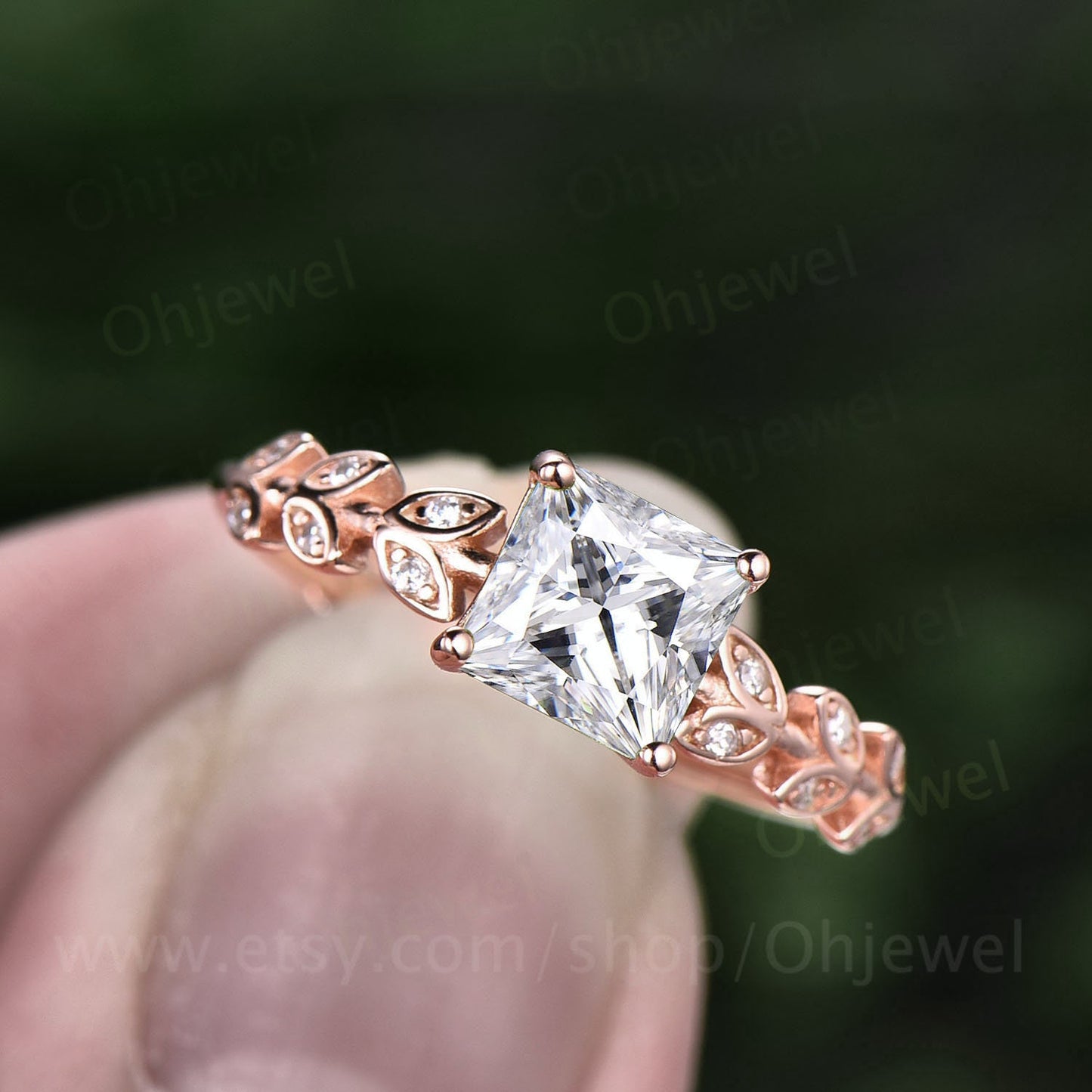 Princess cut moissanite engagement ring leaf art deco unique vintage style rose gold engagement ring handmade dainty wedding ring for women