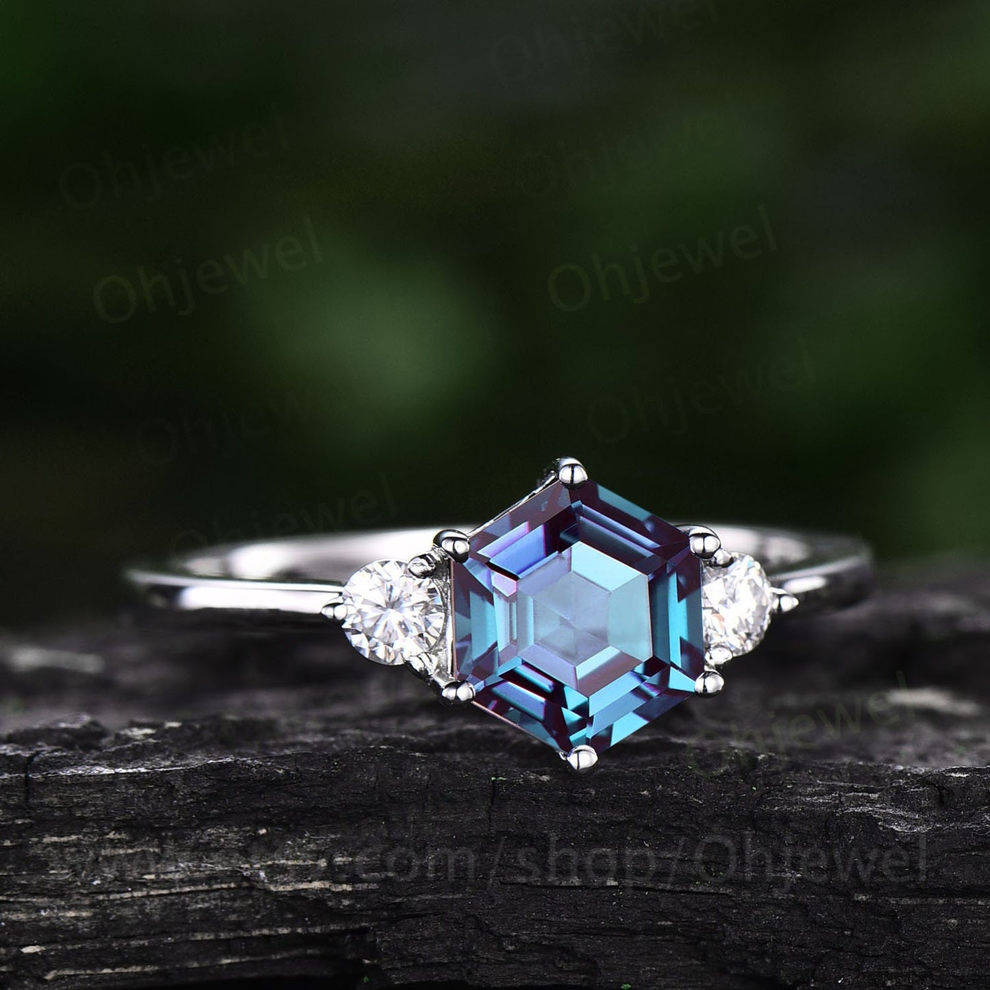 Hexagon Alexandrite ring for women vintage Alexandrite engagement ring rose gold silver three stone ring moissanite anniversary wedding ring