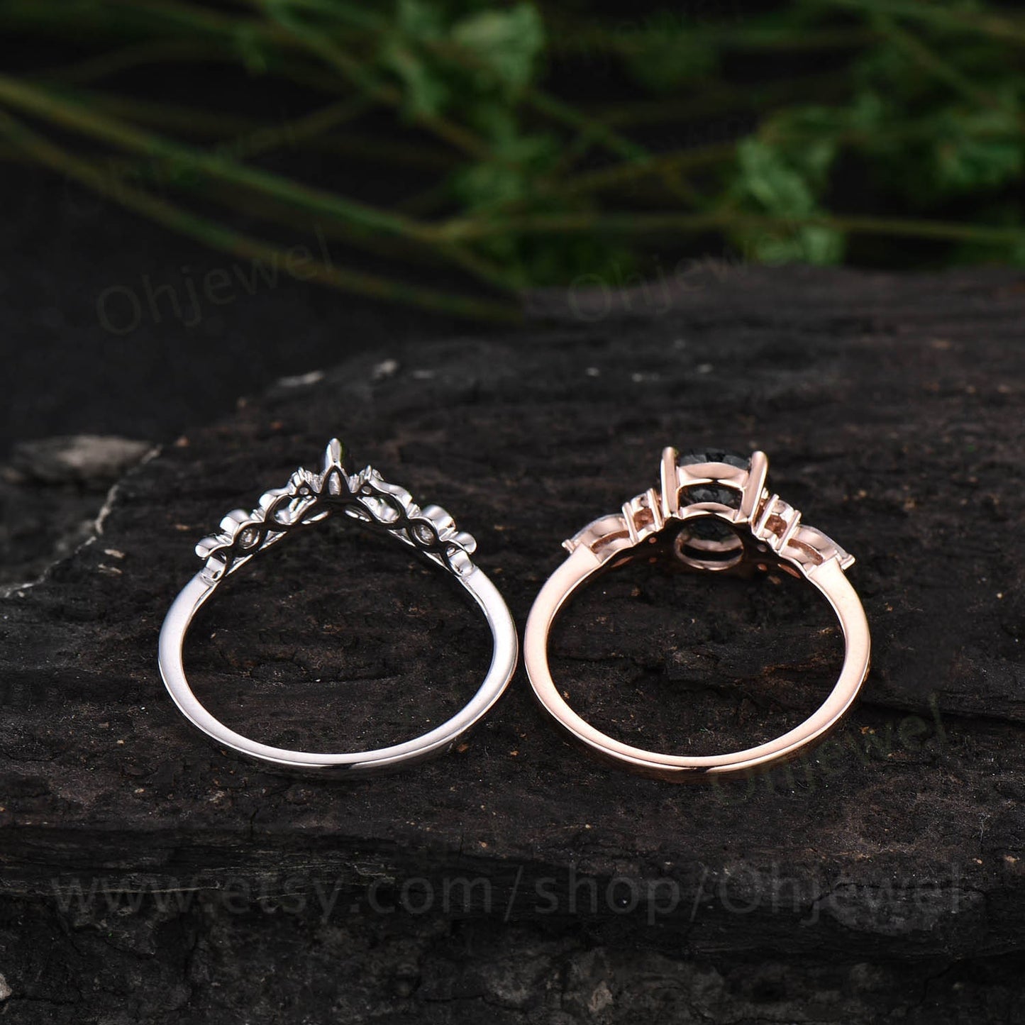 Vintage round blue sandstone engagement ring set 14k rose gold Galaxy unique engagement ring moissanite ring for women Norse Viking Jewelry
