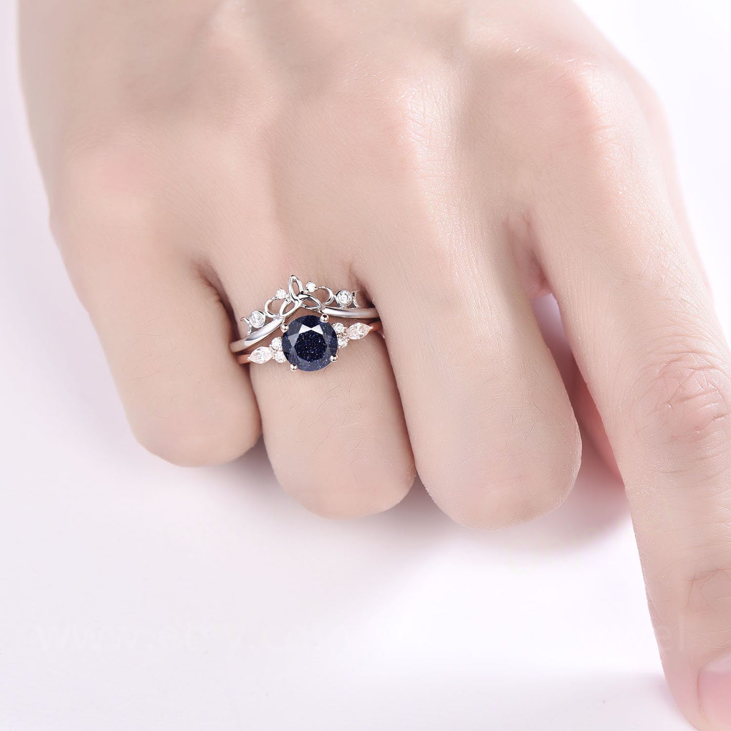 Vintage round blue sandstone engagement ring set 14k rose gold Galaxy unique engagement ring moissanite ring for women Norse Viking Jewelry