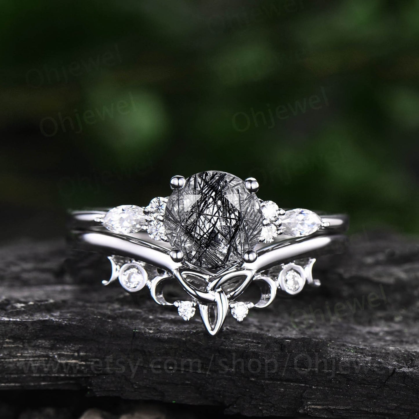 Vintage round black rutilated quartz engagement ring set 14k rose gold marquise moissanite wedding ring set for women Norse Viking Jewelry