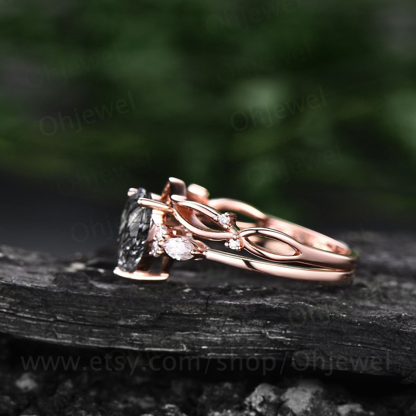 Pear shaped black rutilated quartz engagement ring set rose gold unique vintage engagement ring moissanite ring wedding ring set for women