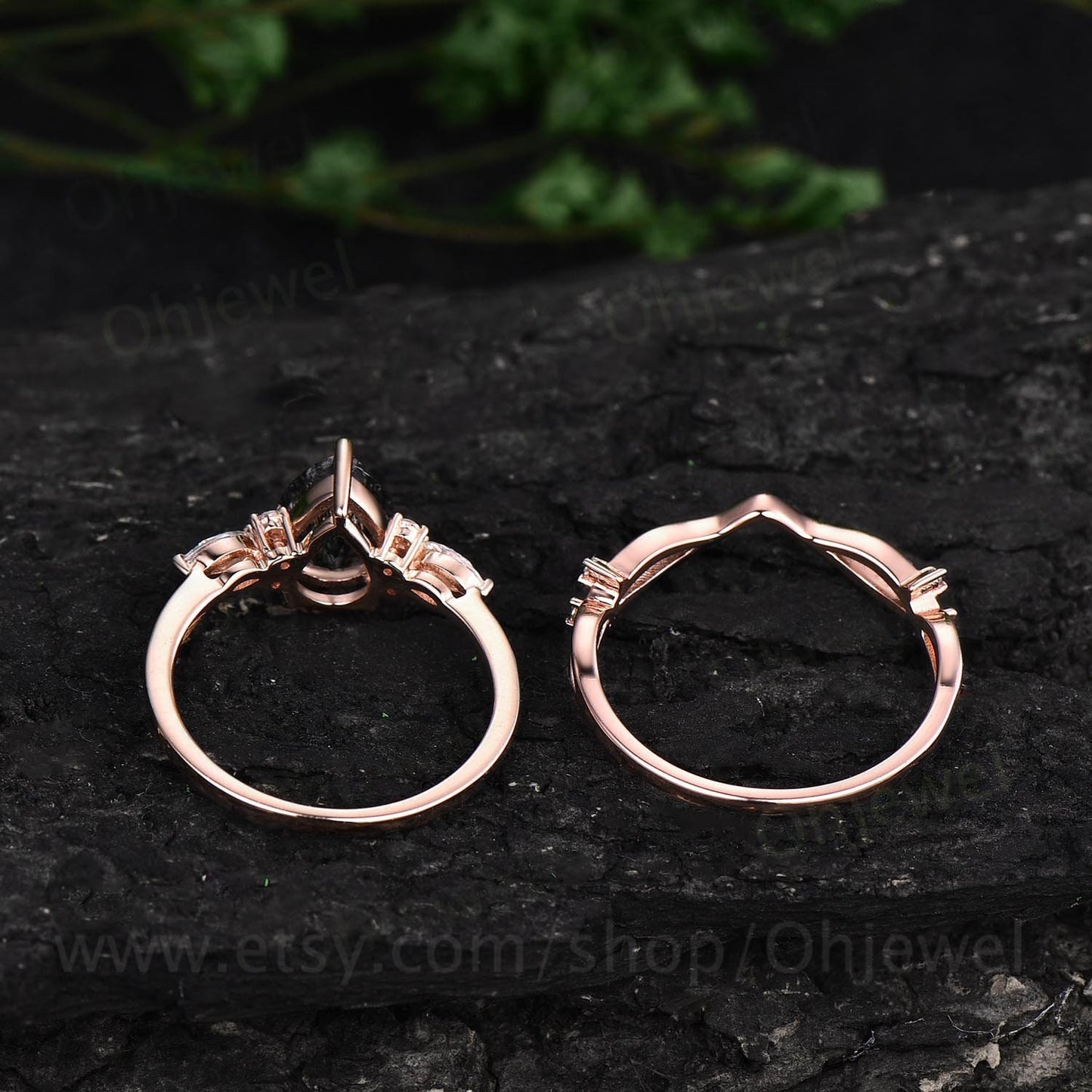 Pear shaped black rutilated quartz engagement ring set rose gold unique vintage engagement ring moissanite ring wedding ring set for women