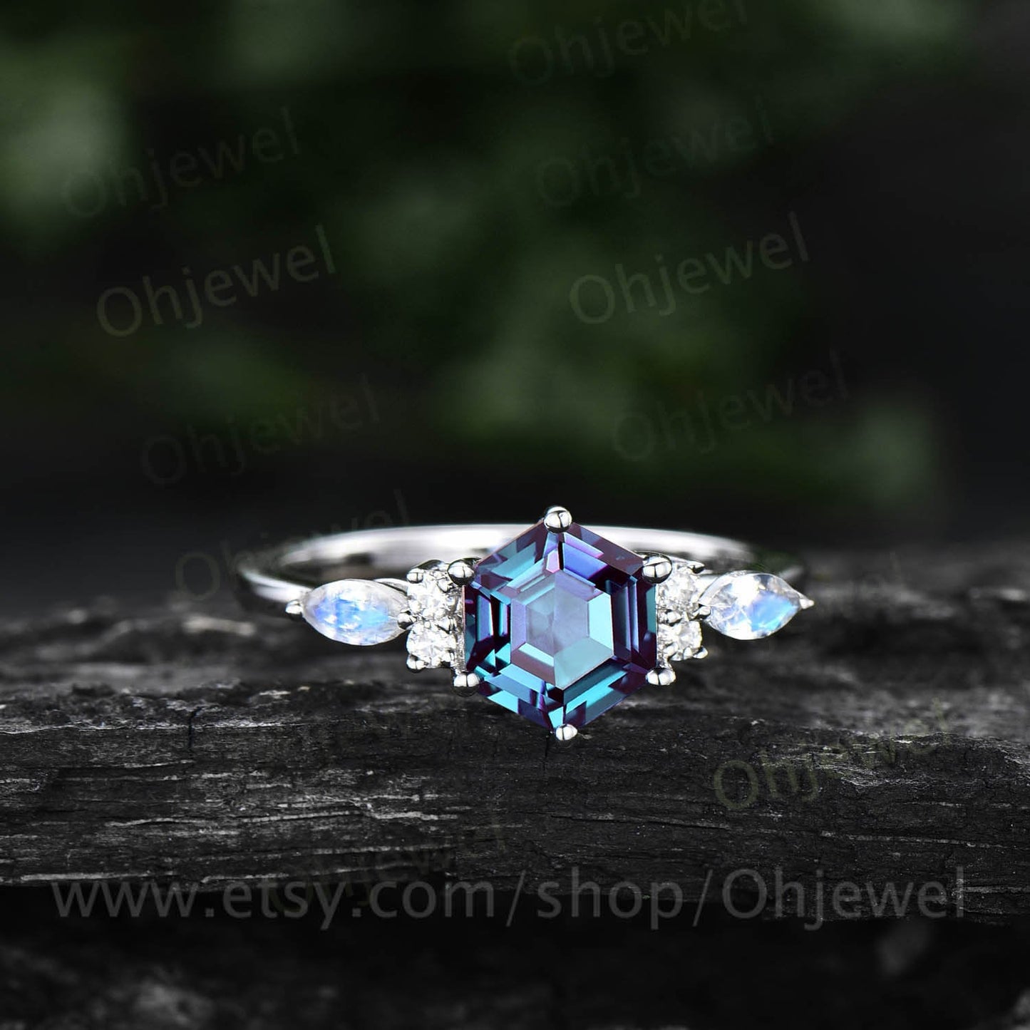 Hexagon cut Alexandrite ring vintage rose gold dainty engagement ring marquise cut ring emerald ring for women unique promise ring gift