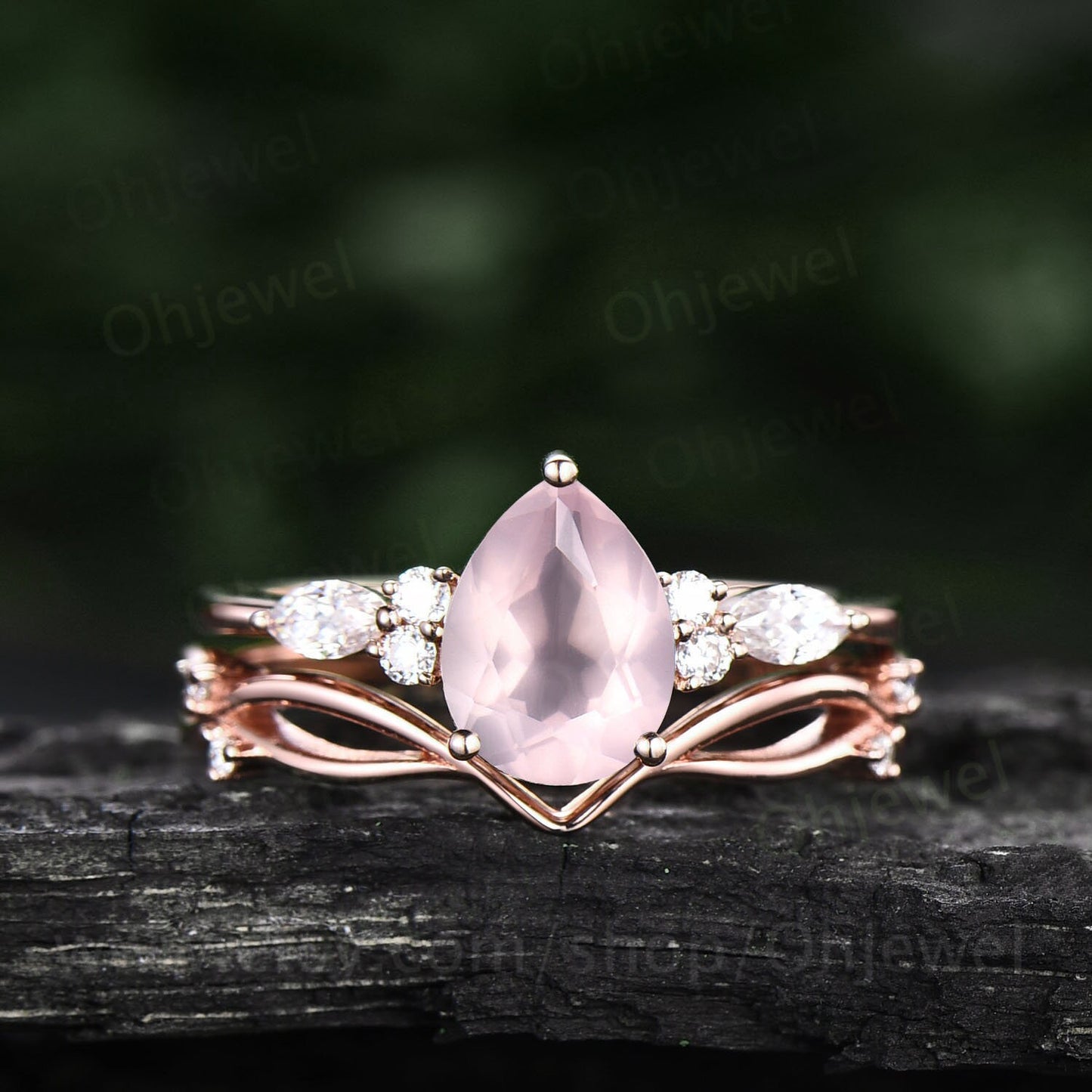 Unique vintage Pear shaped rose quartz engagement ring set rose gold art deco ring rose quartz ring silver moissanite bridal ring set women