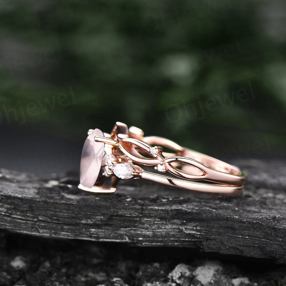 Unique vintage Pear shaped rose quartz engagement ring set rose gold art deco ring rose quartz ring silver moissanite bridal ring set women