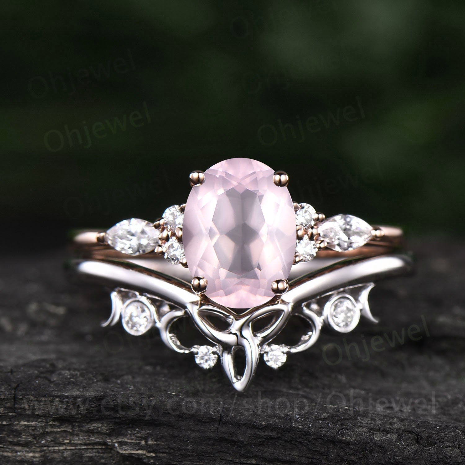 Unique vintage oval cut rose quartz engagement ring set rose gold rose quartz ring silver moissanite ring women Norse Viking ring Jewelry