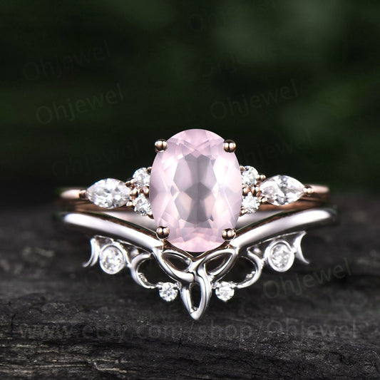 Unique vintage oval cut rose quartz engagement ring set rose gold rose quartz ring silver moissanite ring women Norse Viking ring Jewelry
