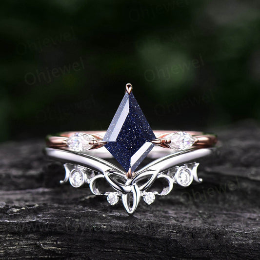 Vintage kite cut blue sandstone engagement ring set rose gold art deco three stone moissanite ring unique bridal wedding ring set for women