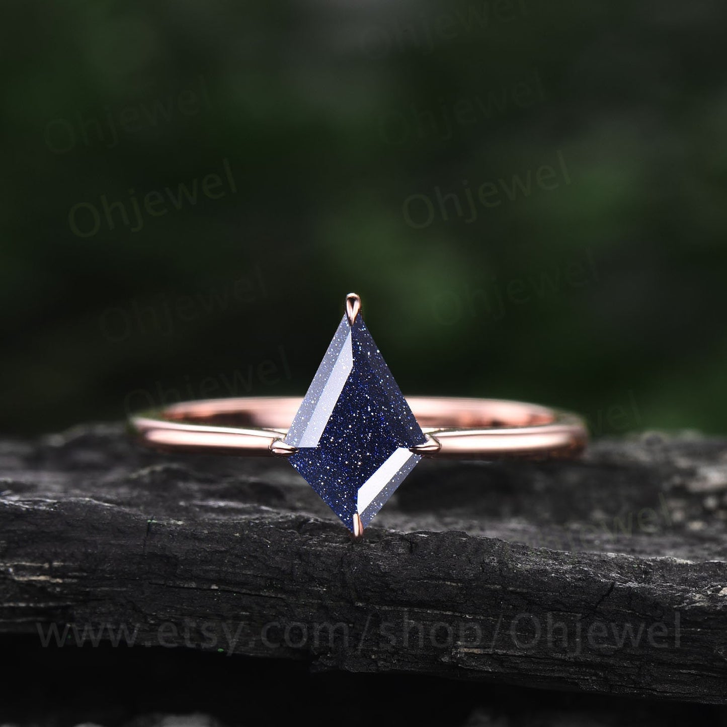 Kite cut blue sandstone ring for women vintage unique solitaire blue sandstone engagement ring set 14k rose gold moissanite wedding ring set