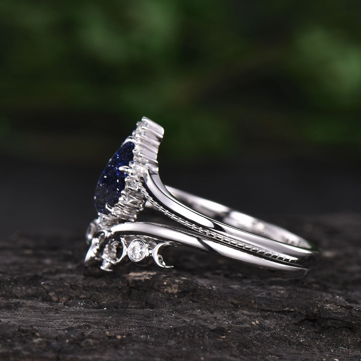 Pear shaped blue sandstone engagement ring set 14k white gold vintage unique engagement ring dainty moissanite wedding ring set for women