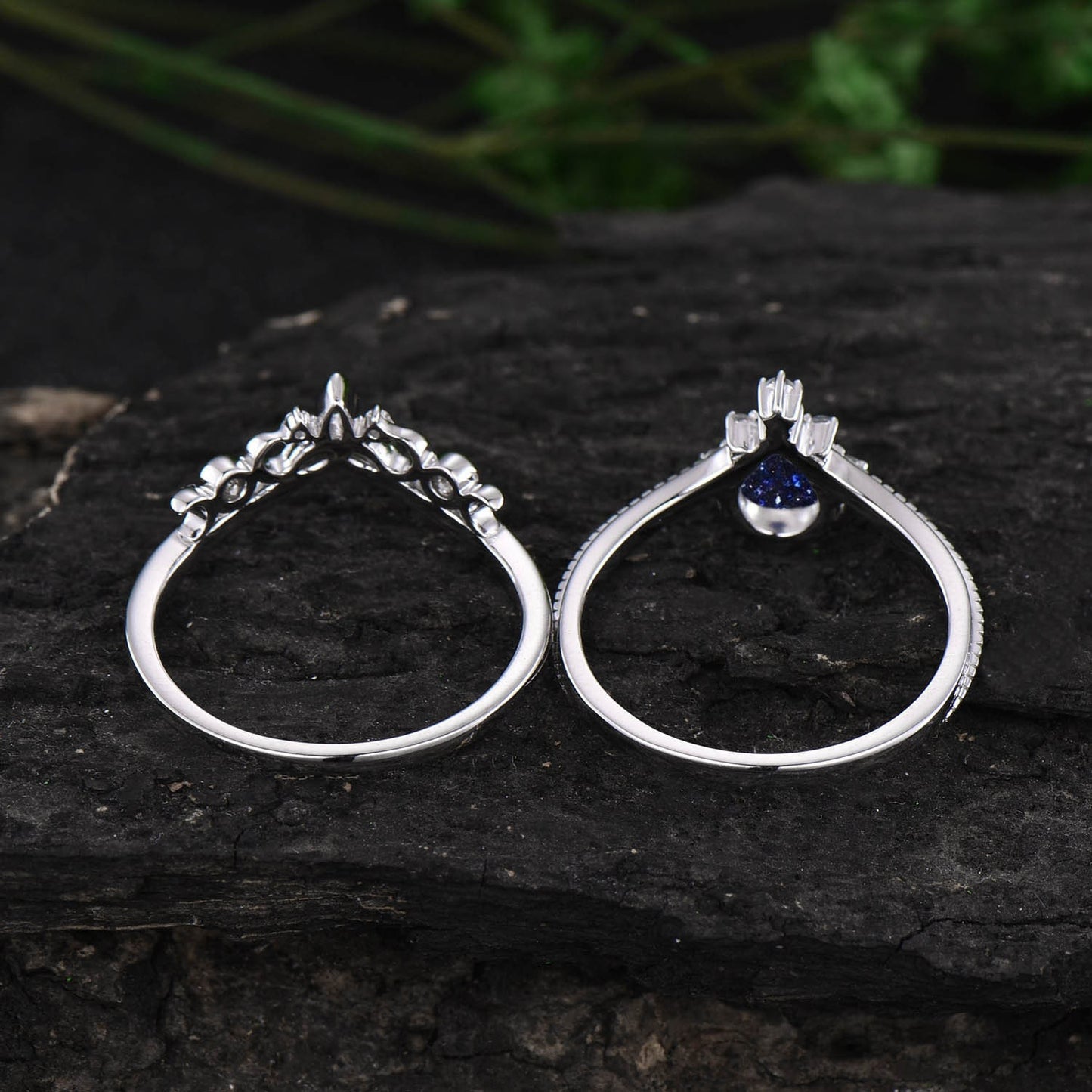 Pear shaped blue sandstone engagement ring set 14k white gold vintage unique engagement ring dainty moissanite wedding ring set for women