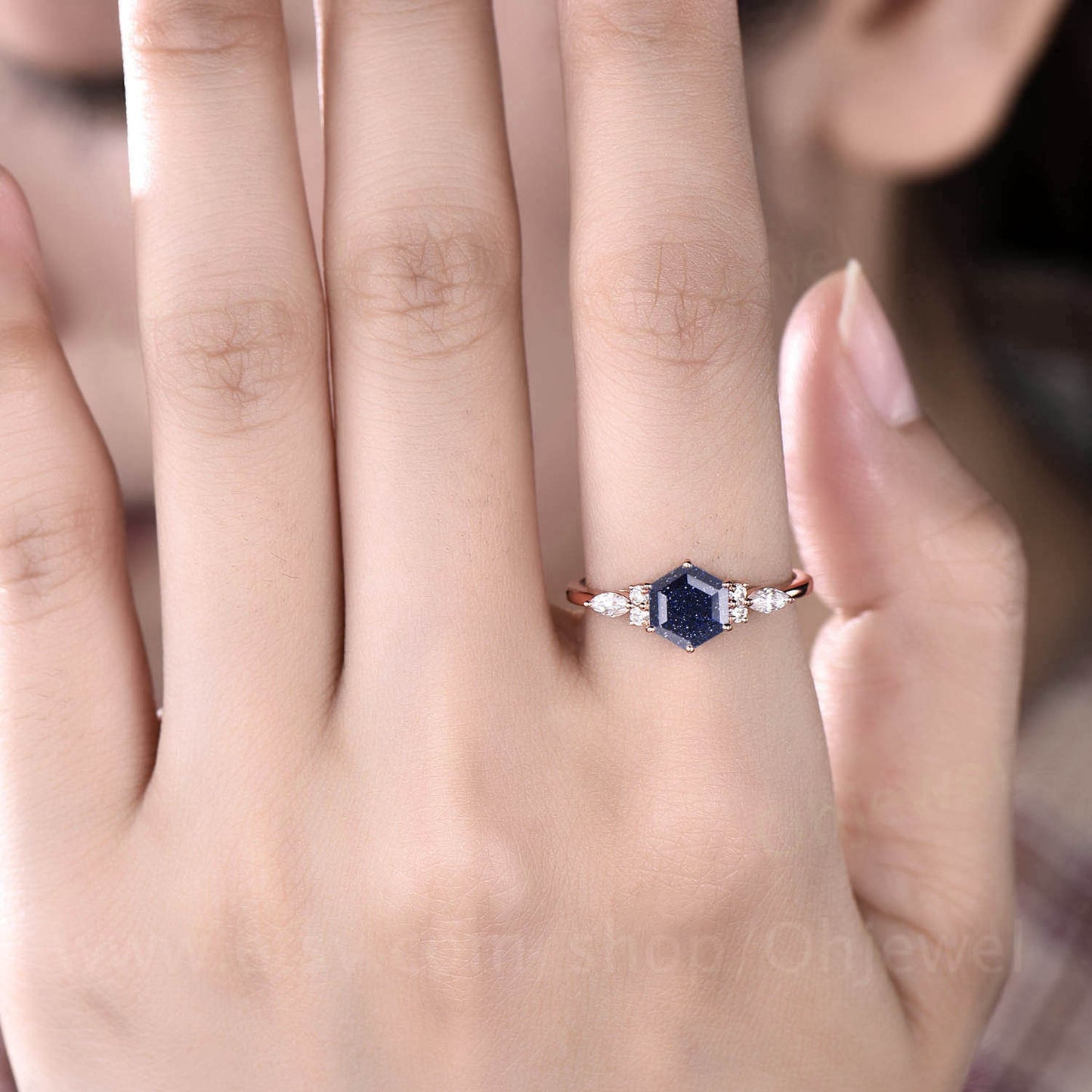 Vintage hexagon blue sandstone engagement ring art deco 14k rose gold silver 7 stone moissanite ring for women wedding anniversary ring gift