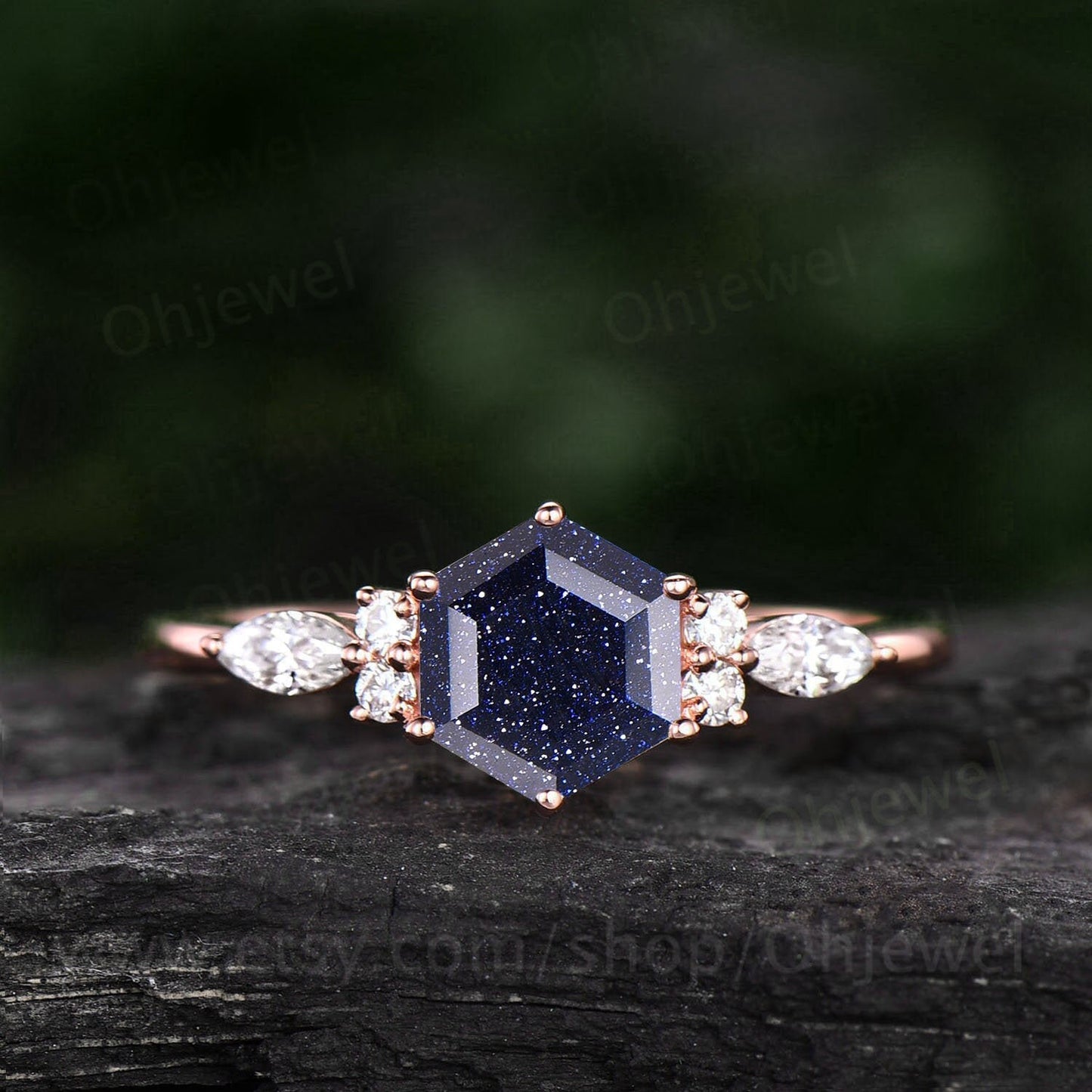 Vintage hexagon blue sandstone engagement ring art deco 14k rose gold silver 7 stone moissanite ring for women wedding anniversary ring gift
