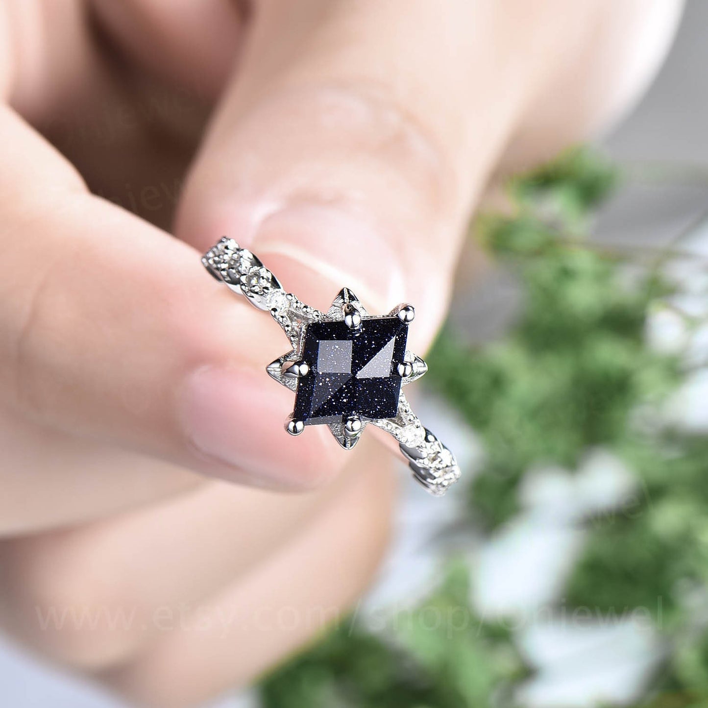 Unique kite shaped blue sandstone engagement ring set 14k white gold silver vintge moissanite ring antique leaf flower opal ring for women