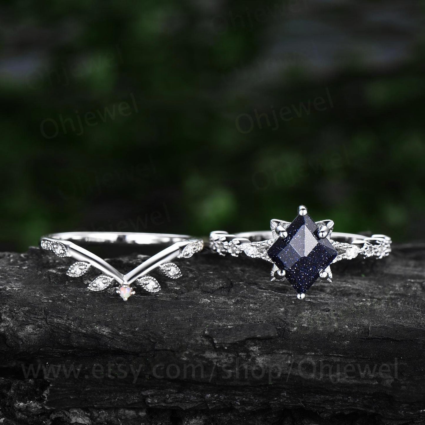 Unique kite shaped blue sandstone engagement ring set 14k white gold silver vintge moissanite ring antique leaf flower opal ring for women