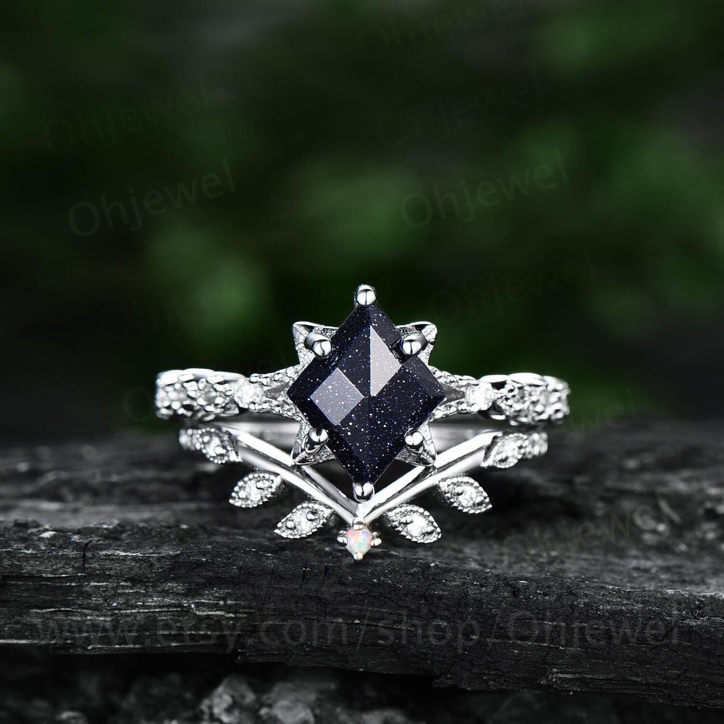 Unique kite shaped blue sandstone engagement ring set 14k white gold silver vintge moissanite ring antique leaf flower opal ring for women