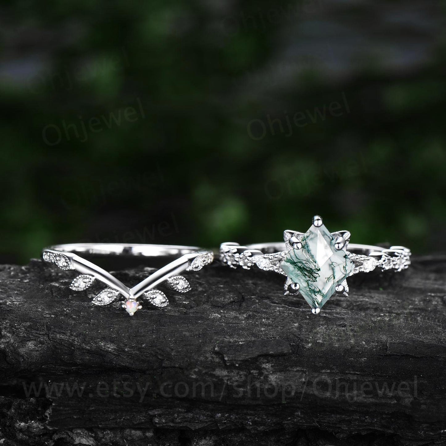 Kite cut green moss agate ring rose gold unique engagement ring set women leafopal ring silver moissanite bridal wedding promise ring set