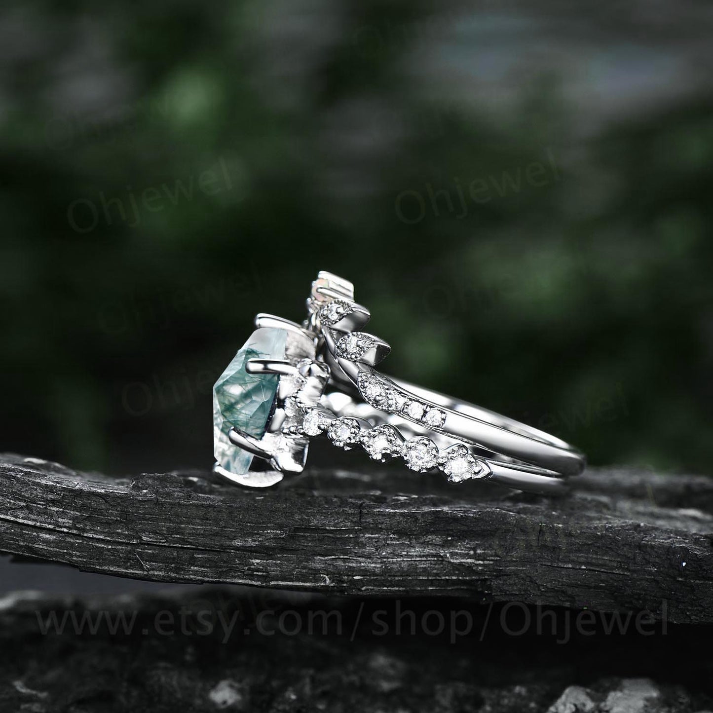 Kite cut green moss agate ring rose gold unique engagement ring set women leafopal ring silver moissanite bridal wedding promise ring set