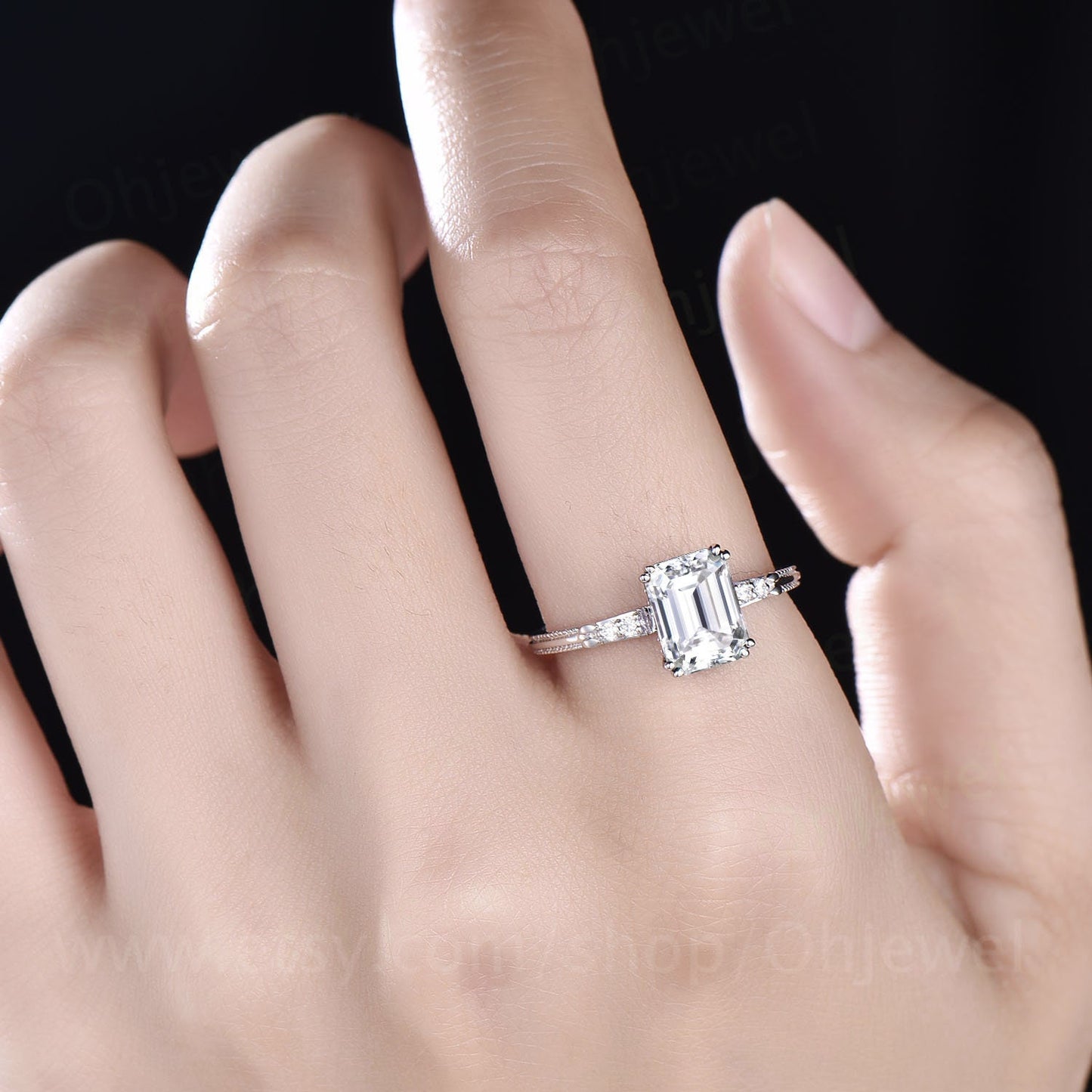 Vintage emerald cut moissanite engagement ring rose gold five stone minimalist milgrain diamond ring for women unique wedding ring silver