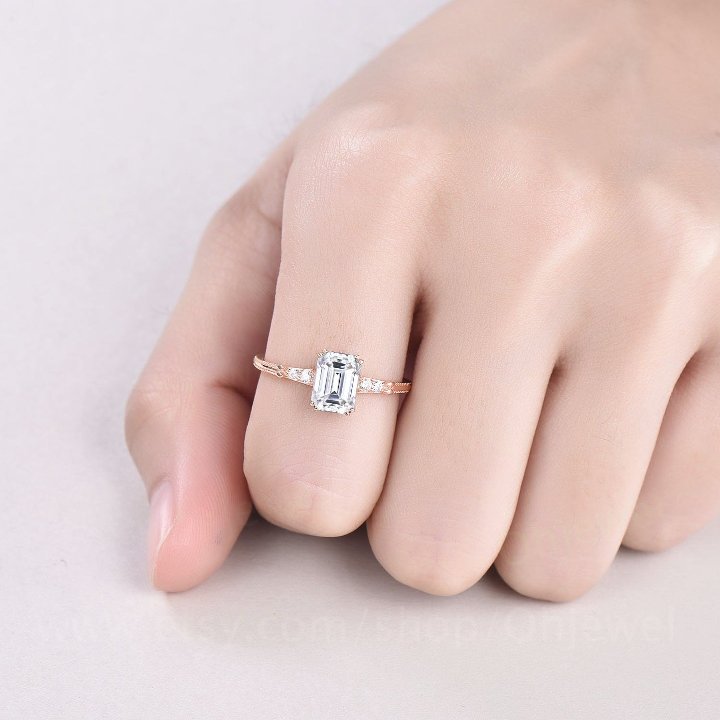 Vintage emerald cut moissanite engagement ring rose gold five stone minimalist milgrain diamond ring for women unique wedding ring silver