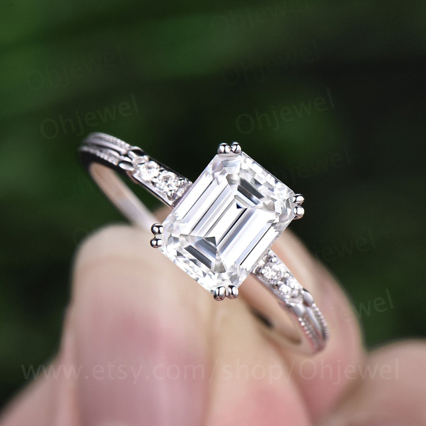 Vintage emerald cut moissanite engagement ring rose gold five stone minimalist milgrain diamond ring for women unique wedding ring silver