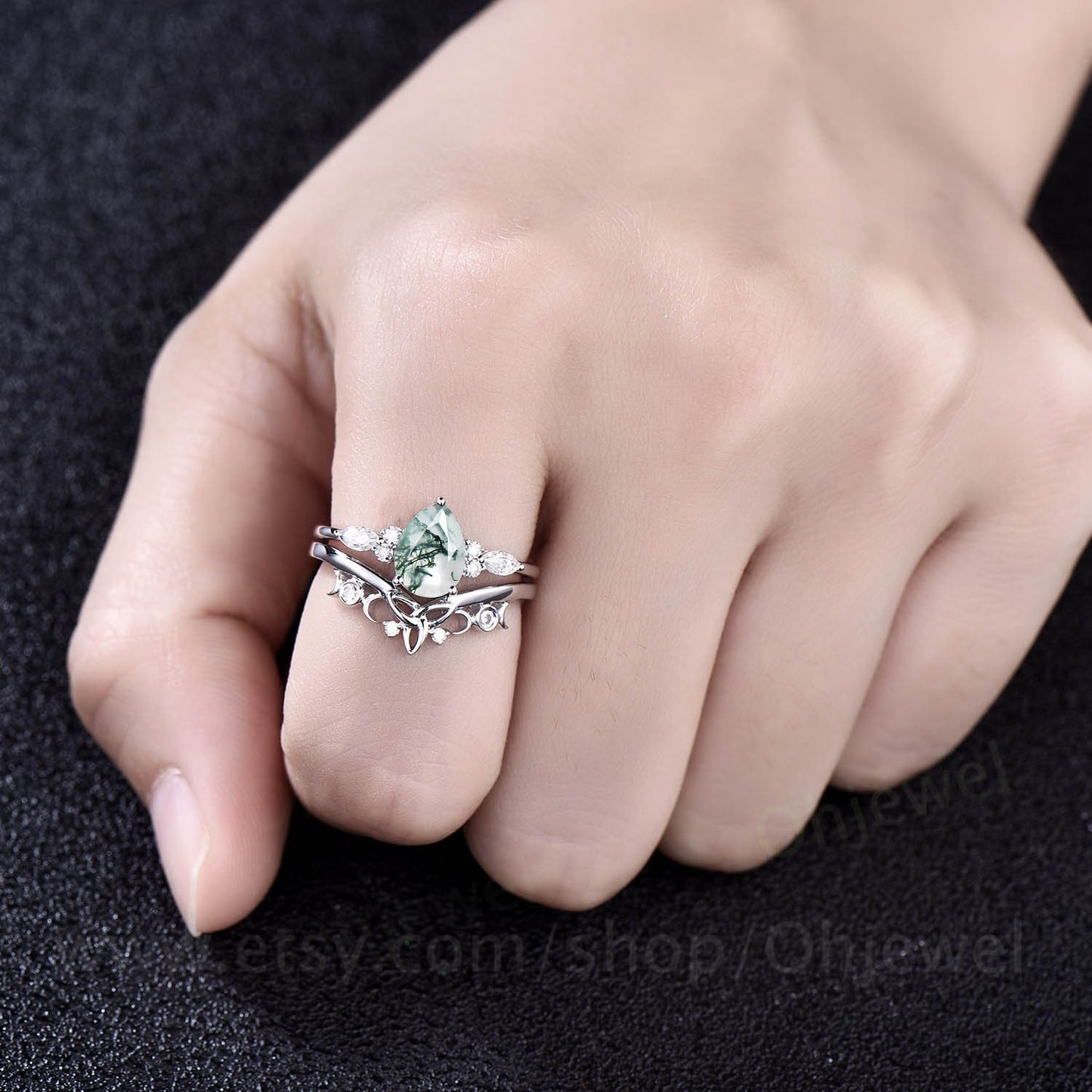 Pear shaped moss agate engagement ring set white gold vintage style marquise moissanite engagement ring for women norse viking ring Jewelry