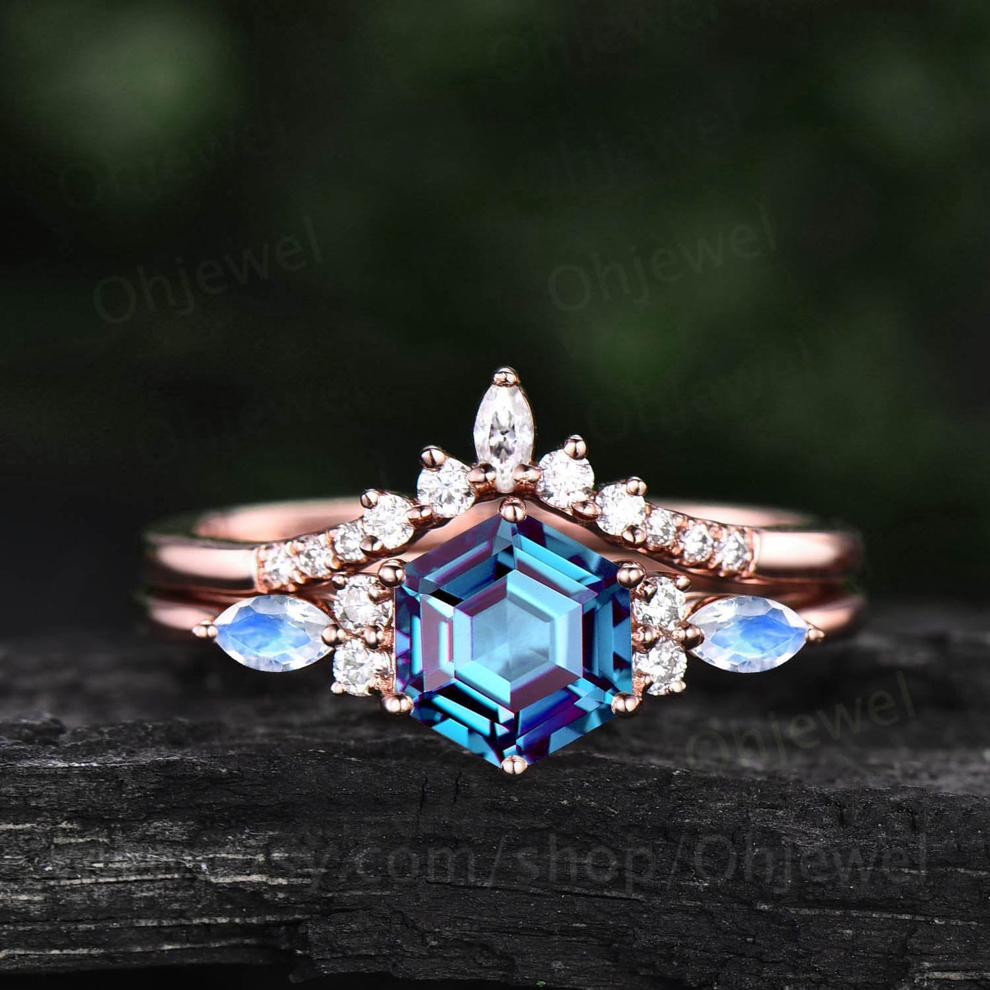 Hexagon Alexandrite engagement ring rose gold vintage unique marquise moonstone engagement ring art deco moissanite wedding ring for women