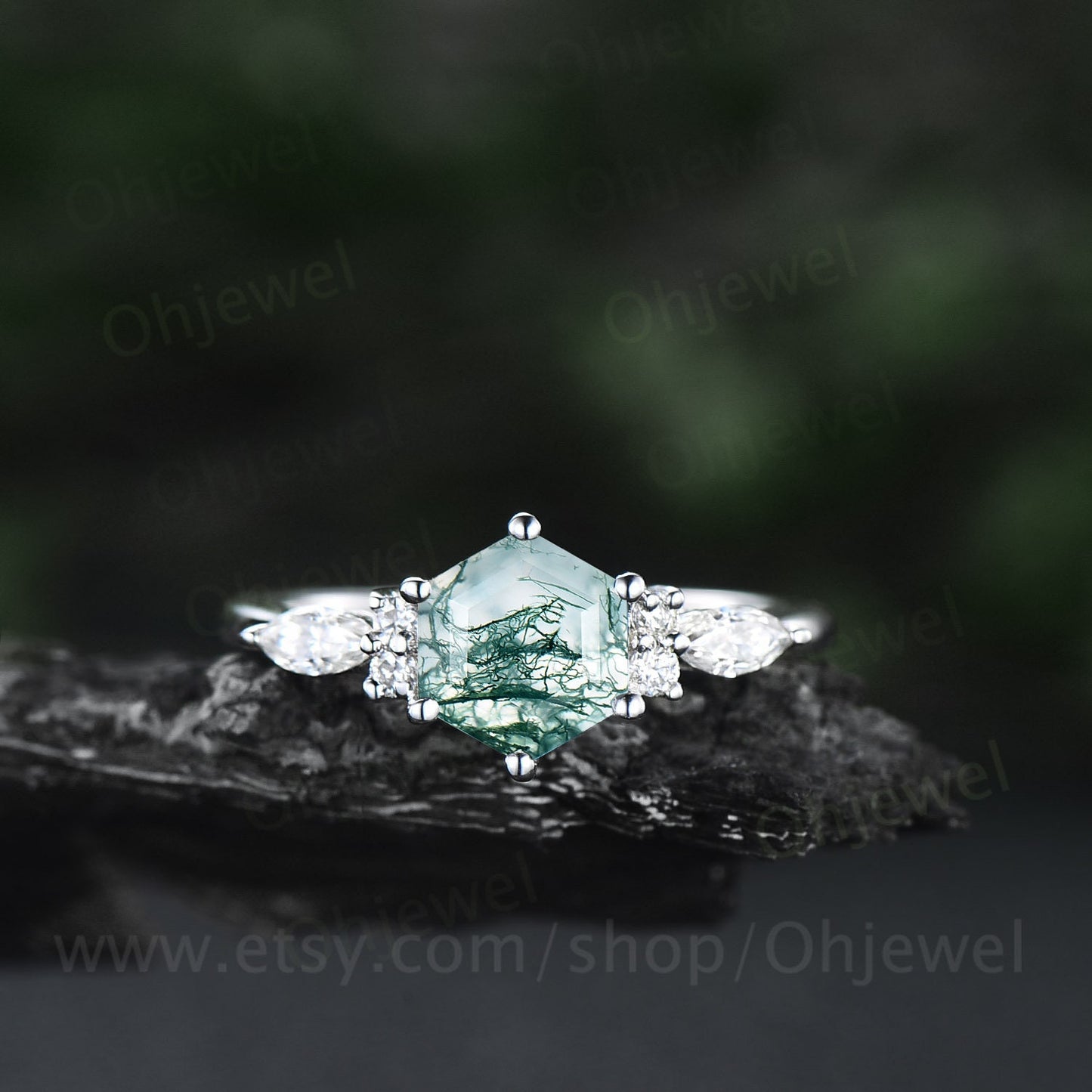 7mm Hexagon cut green moss agate engagement ring white gold 6 prong marquise unique engagement ring for women vintage diamond wedding ring