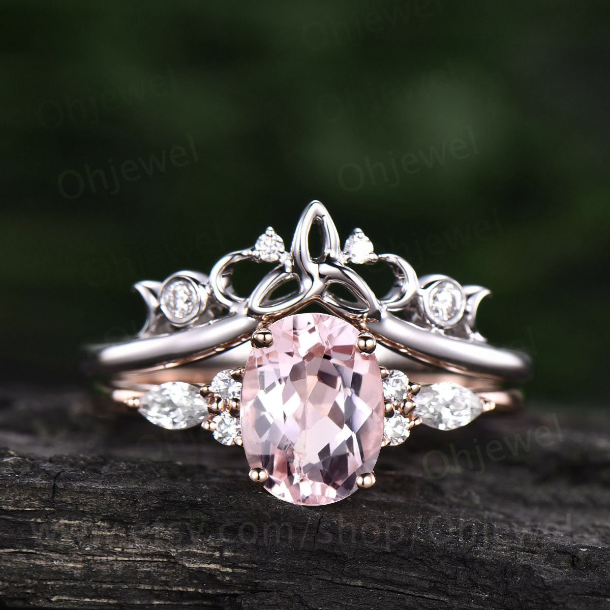 Unique wedding ring set vintage pink morganite engagement ring set rose gold oval cut ring moissanite ring women norse viking ring Jewelry