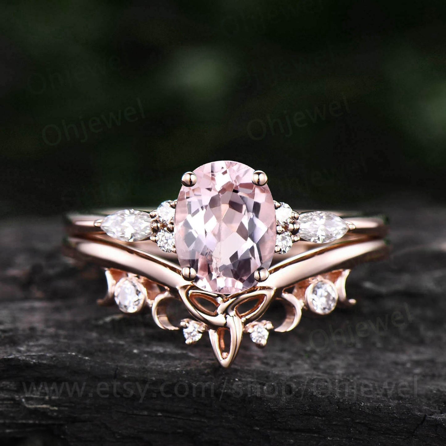 Unique wedding ring set vintage pink morganite engagement ring set rose gold oval cut ring moissanite ring women norse viking ring Jewelry