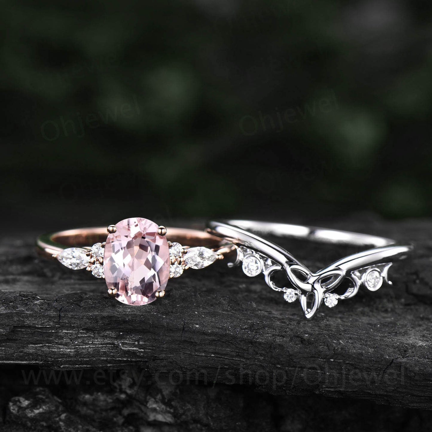 Unique wedding ring set vintage pink morganite engagement ring set rose gold oval cut ring moissanite ring women norse viking ring Jewelry