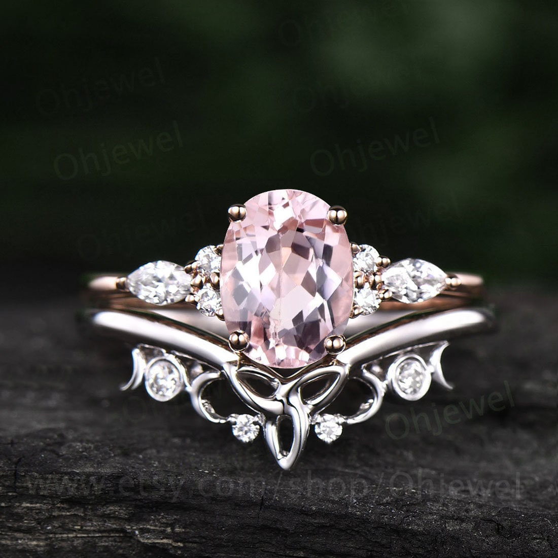 Unique wedding ring set vintage pink morganite engagement ring set rose gold oval cut ring moissanite ring women norse viking ring Jewelry