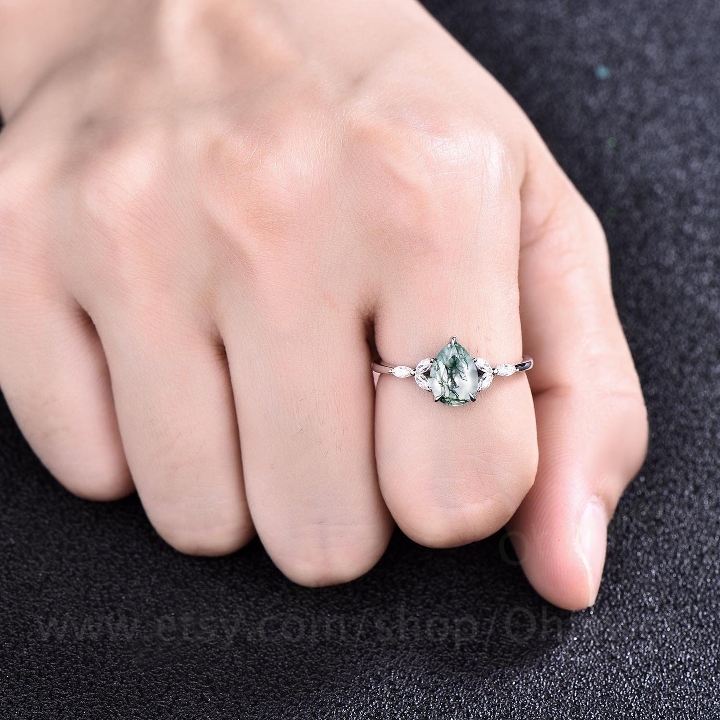 Vintage pear shaped moss agate engagement ring set rose gold art deco crown milgrain marquise cut moissanite ring for women wedding ring set