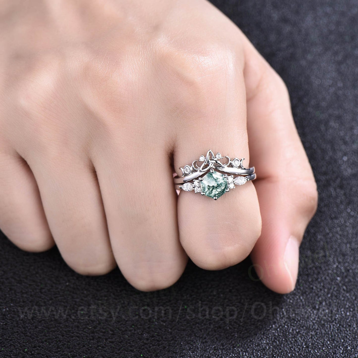 Hexagon green moss agate ring set gold silver vintage unique engagement ring set six prong art deco moissanite bridal wedding ring set women