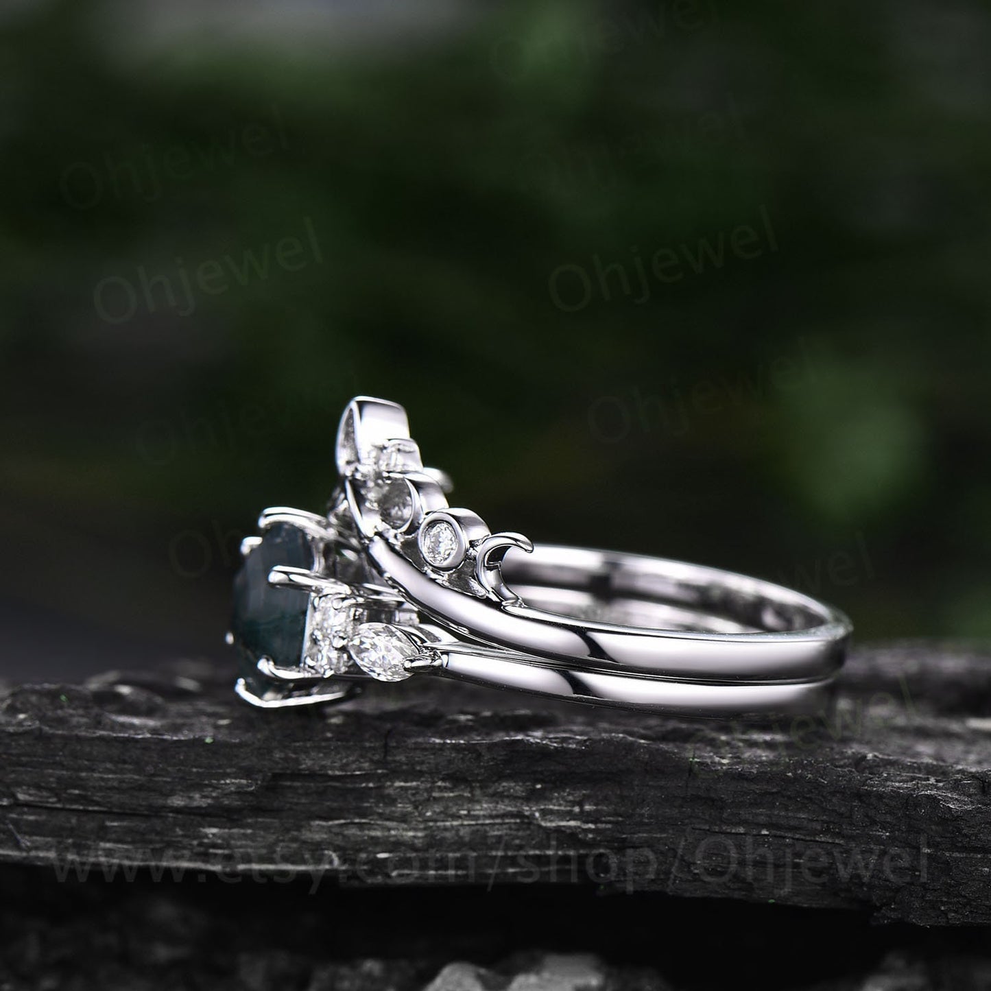 Hexagon green moss agate ring set gold silver vintage unique engagement ring set six prong art deco moissanite bridal wedding ring set women
