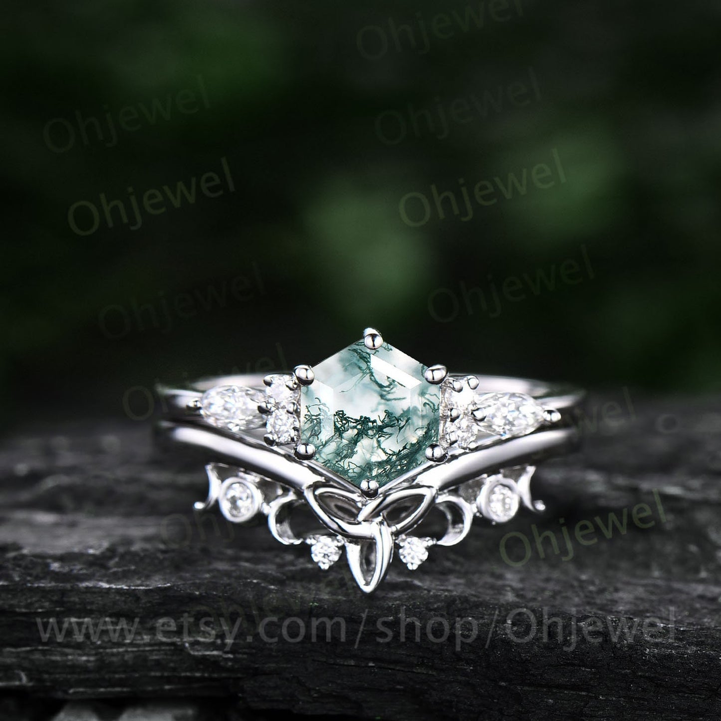 Hexagon green moss agate ring set gold silver vintage unique engagement ring set six prong art deco moissanite bridal wedding ring set women