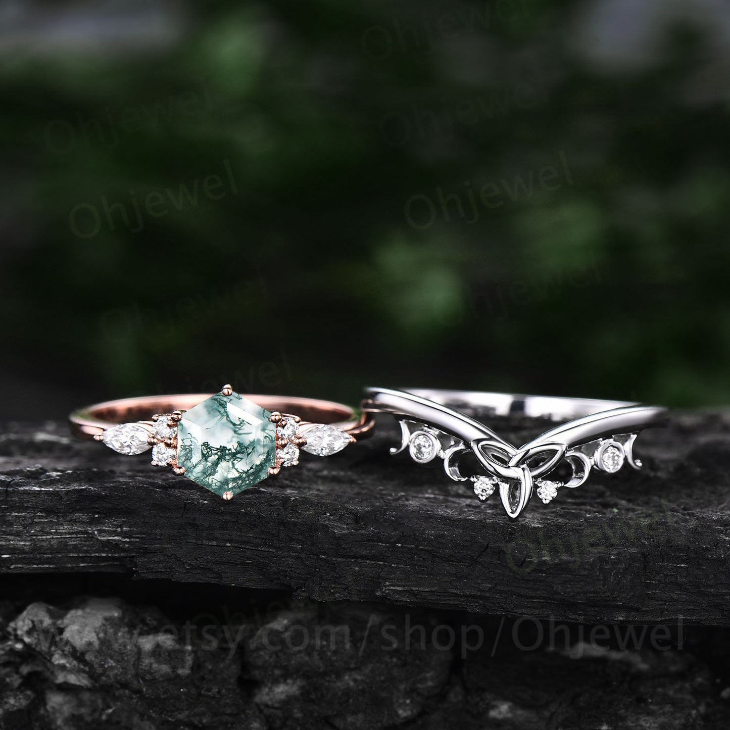 Hexagon green moss agate ring set gold silver vintage unique engagement ring set six prong art deco moissanite bridal wedding ring set women