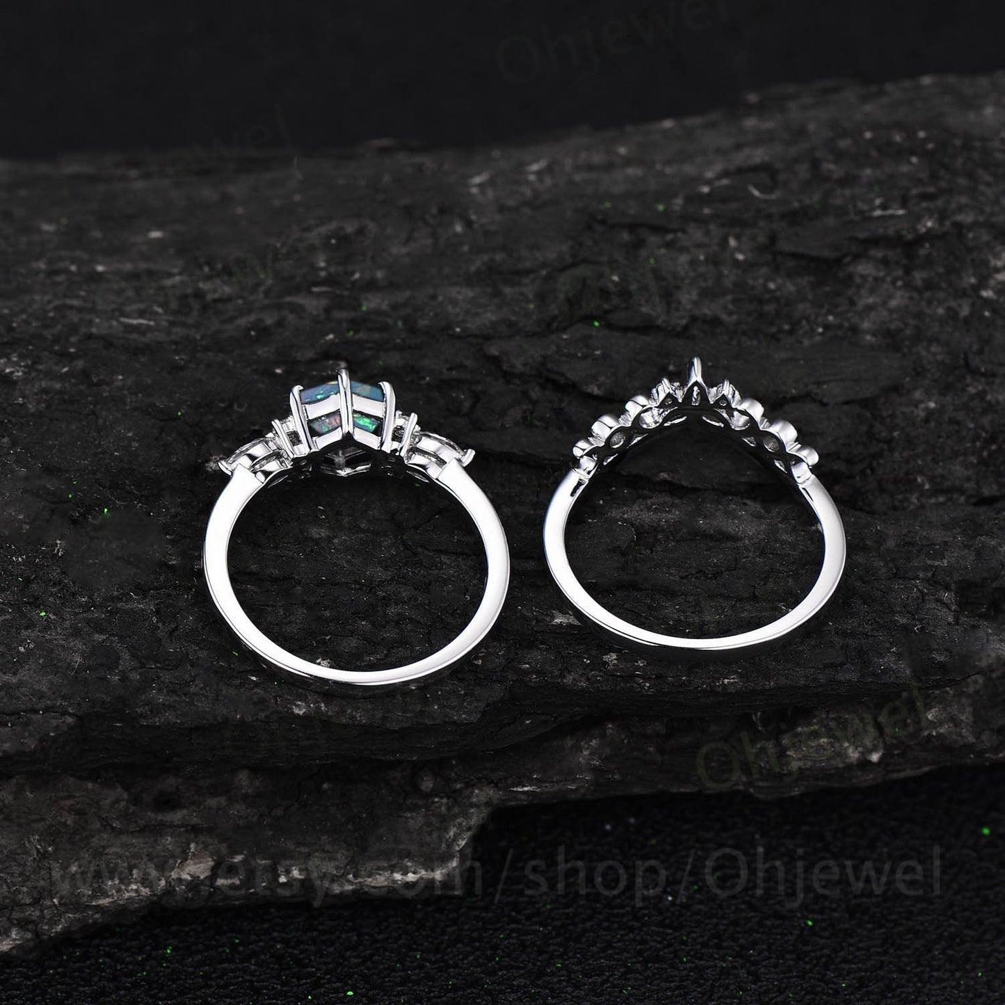 Hexagon white opal ring set gold silver dainty unique opal engagement ring set 6 prong moissanite ring for women October birthstone ring