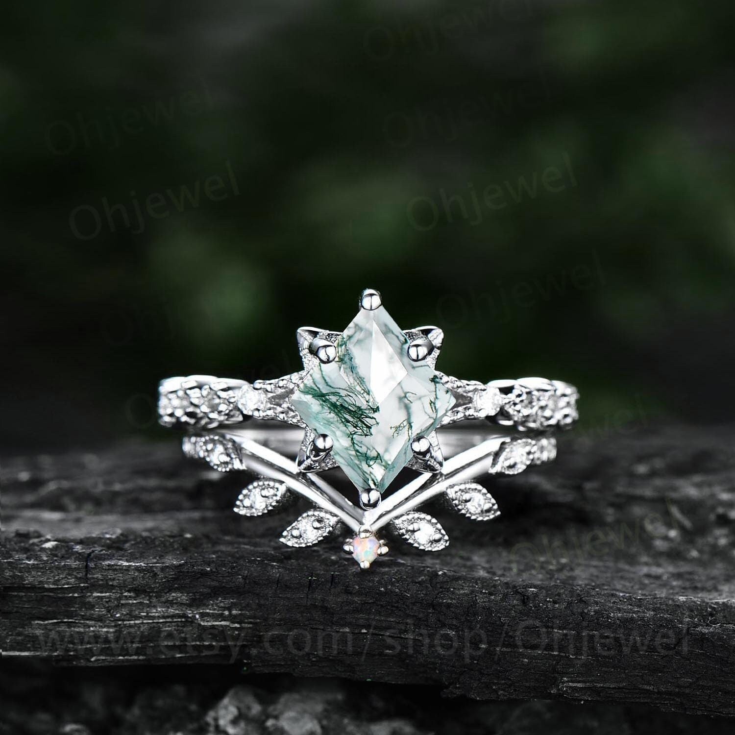 Unique vintage kite shaped green moss agate engagement ring set 14k white  gold silver leaf flower art deco moissanite opal ring for women