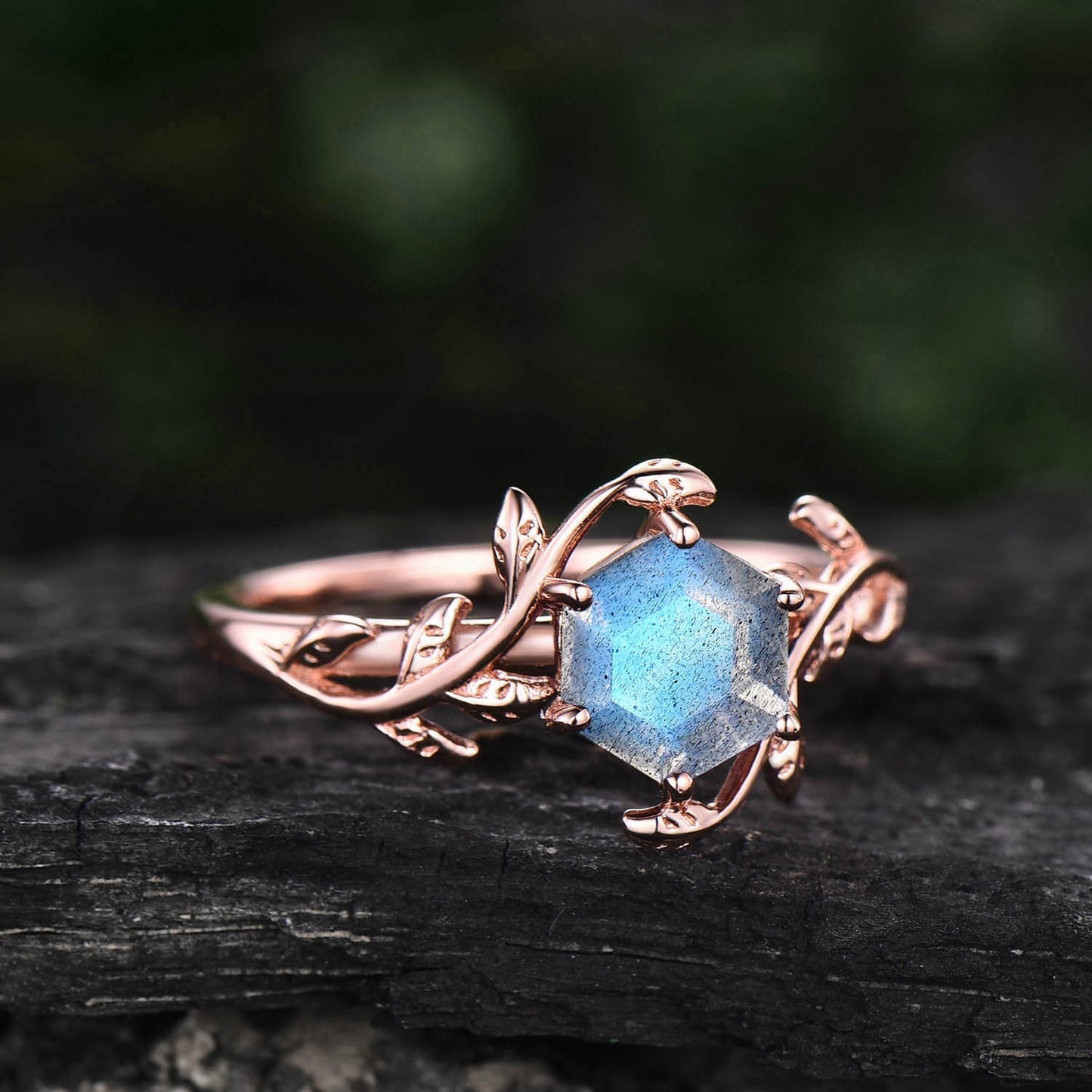Vintage Hexagon Labradorite engagement ring leaf flower ring solitaire rose gold bridal ring blue Labradorite ring for women wedding ring