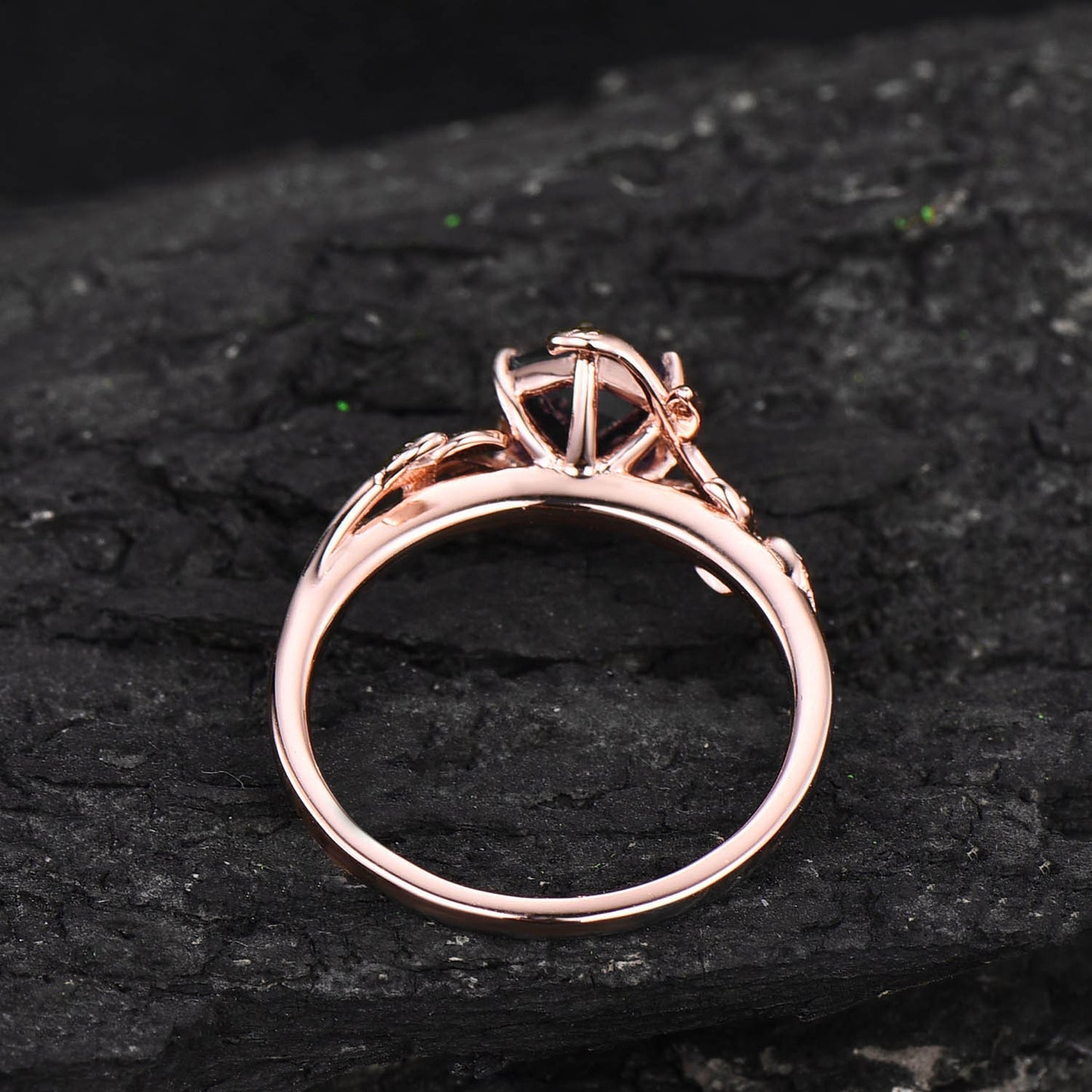 Vintage Hexagon cut black rutilated quartz engagement ring rose gold leaf flower nature inspired solitaire anniversary wedding ring women